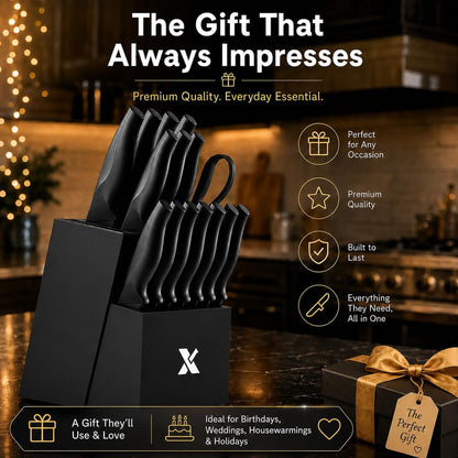 XANAPON 19-Piece Black Kitchen Knife Set with Block and Built-in Sharpener, High Carbon Stainless Steel Chef Knives Set for Kitchen with 8 Steak Knives, Ergonomic Handles, Perfect Housewarming Gift