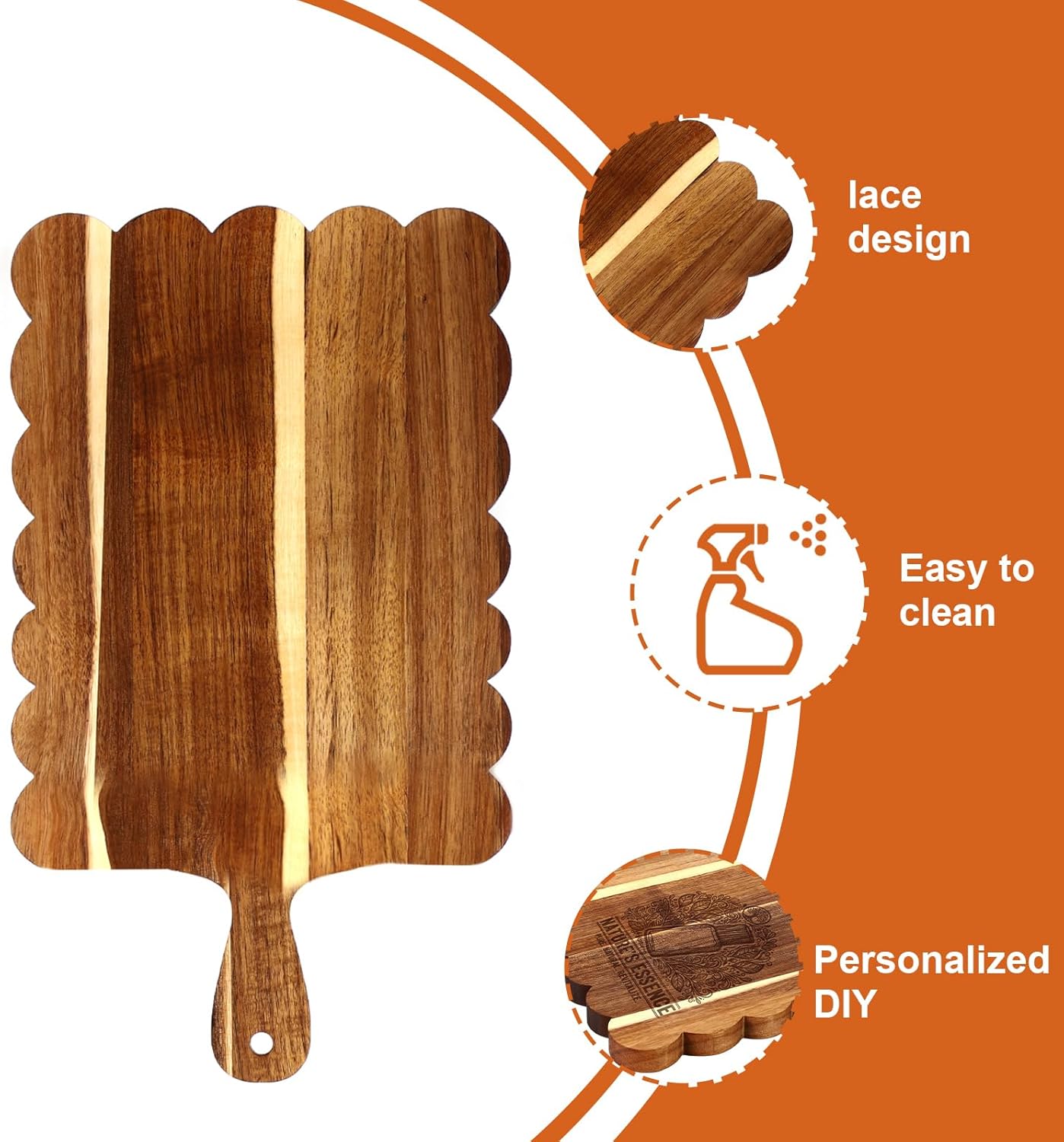 Patelai Wood Scalloped Cutting Board 18.5 Inch Decorative Wooden Charcuterie Board with Handle Engraving Christmas Wedding Engagement Housewarming Gift for Kitchen Display Snacks Cheese Appetizers