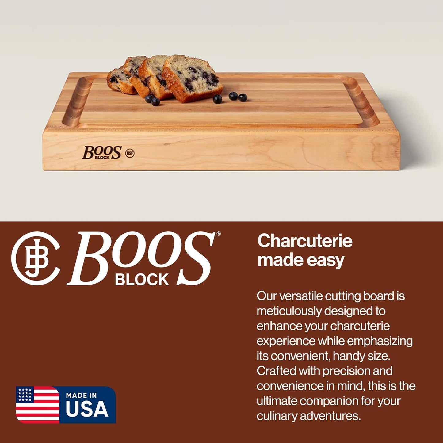 John Boos RA-Board Series Rectangular Wooden Maple Deluxe Barbecue Cutting Board 20”x15” – 2.25” Thick, 20-lb Reversible Butcher Block with Juice Groove, Edge-Grain & Finger Grips – Made in the USA