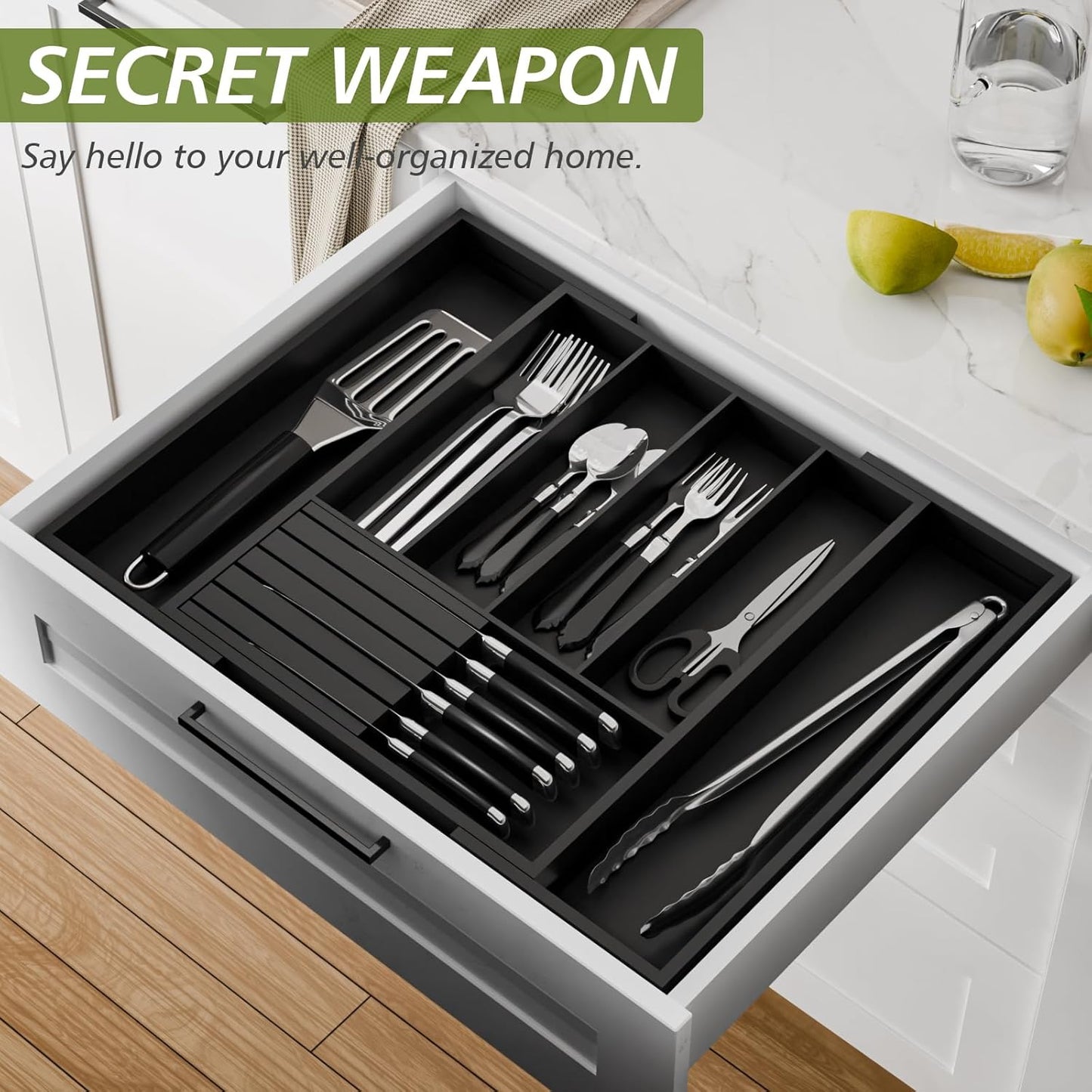 Bamboo Kitchen Silverware Drawer Organizer - Expandable Wood Utensil Holder with Dividers, Luxury Cutlery Storage Tray for Kitchen Utensil and Flatware (5-7 Slots with Removable Knife Block, (White)