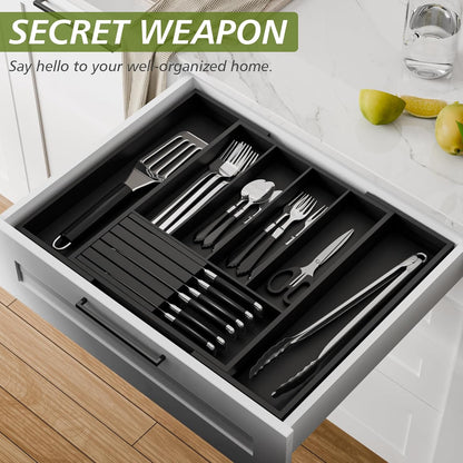 Bamboo Kitchen Silverware Drawer Organizer - Expandable Wood Utensil Holder with Dividers, Luxury Cutlery Storage Tray for Kitchen Utensil and Flatware (5-7 Slots with Removable Knife Block, (White)