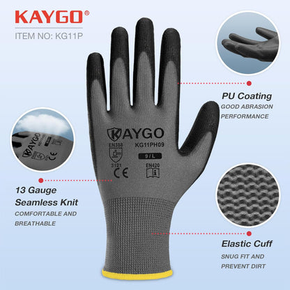 KAYGO Work Gloves for Men and Women,12 Pairs Seamless Knit PU Coated Safety Gloves, with Smooth Grip on Palm and Fingers, Ideal for Light Warehouse, Manufacturing, Gardening, KG11P (M, Black)