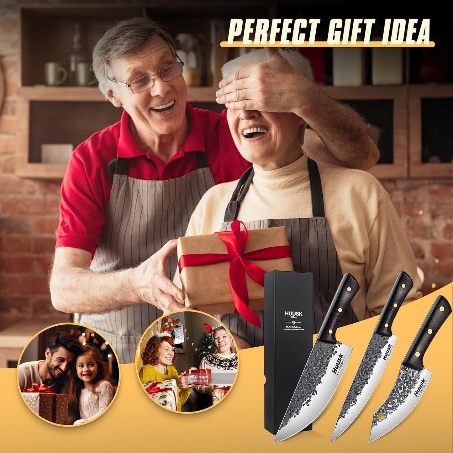 Huusk Hand Forged Chef Knife Set, High Carbon Steel Butcher Knife Set, Japanese Kitchen Knives for Home, Outdoor BBQ Camping Cooking, Gift Idea for Men