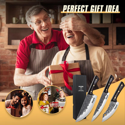 Huusk Hand Forged Chef Knife Set, High Carbon Steel Butcher Knife Set, Japanese Kitchen Knives for Home, Outdoor BBQ Camping Cooking, Gift Idea for Men