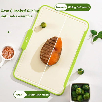 Plastic Cutting Boards for Kitchen, 4-Pieces Cutting Board With Food Icons And Storage Stand, Easy Grip Handle, Professional Chopping Board Set for Meat, Veggies, Fruits（12.9"X 9.4" X 3.1")