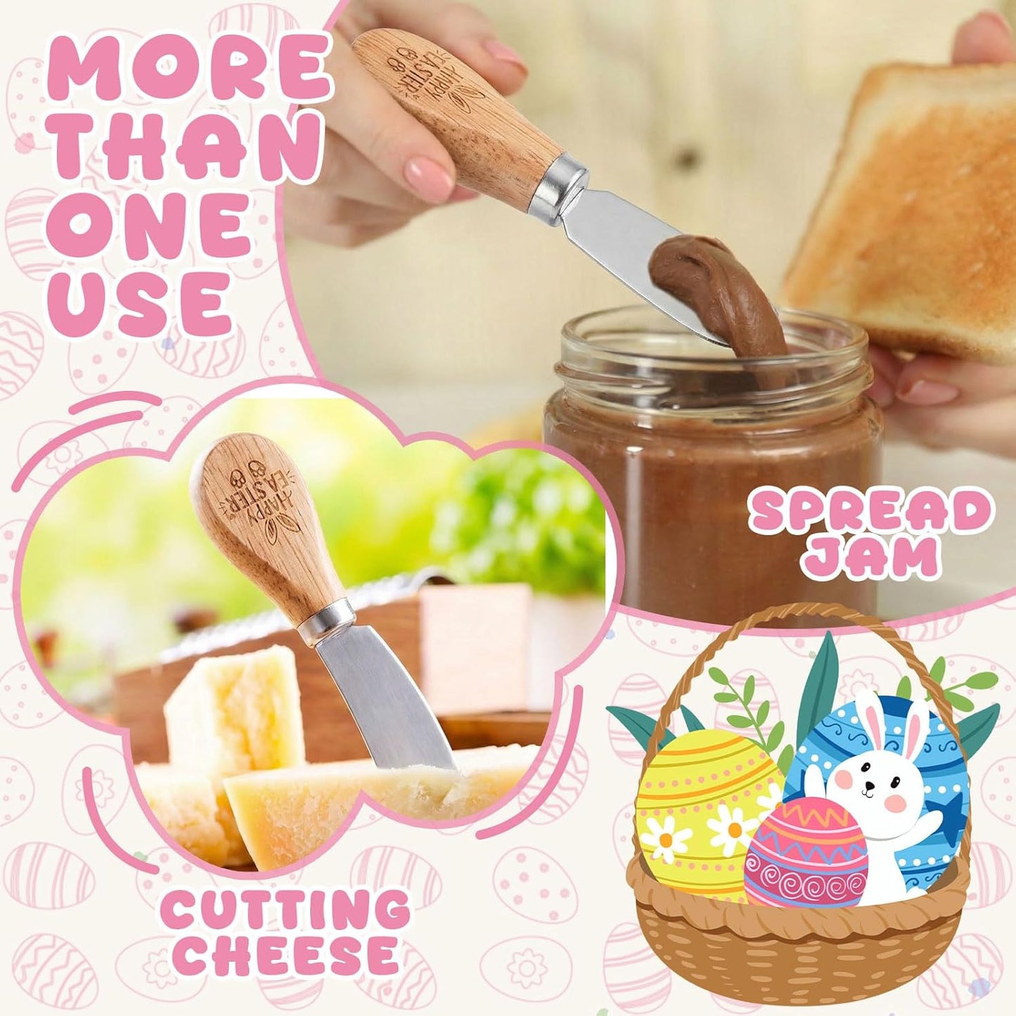 24 Pack Easter Party Favors Gift Set Cheese Spreader Knives with Greeting Cards & Organza Bags, Stainless Steel Butter Spreader with Wood Handle, Easter Charcuterie Board Table Decor