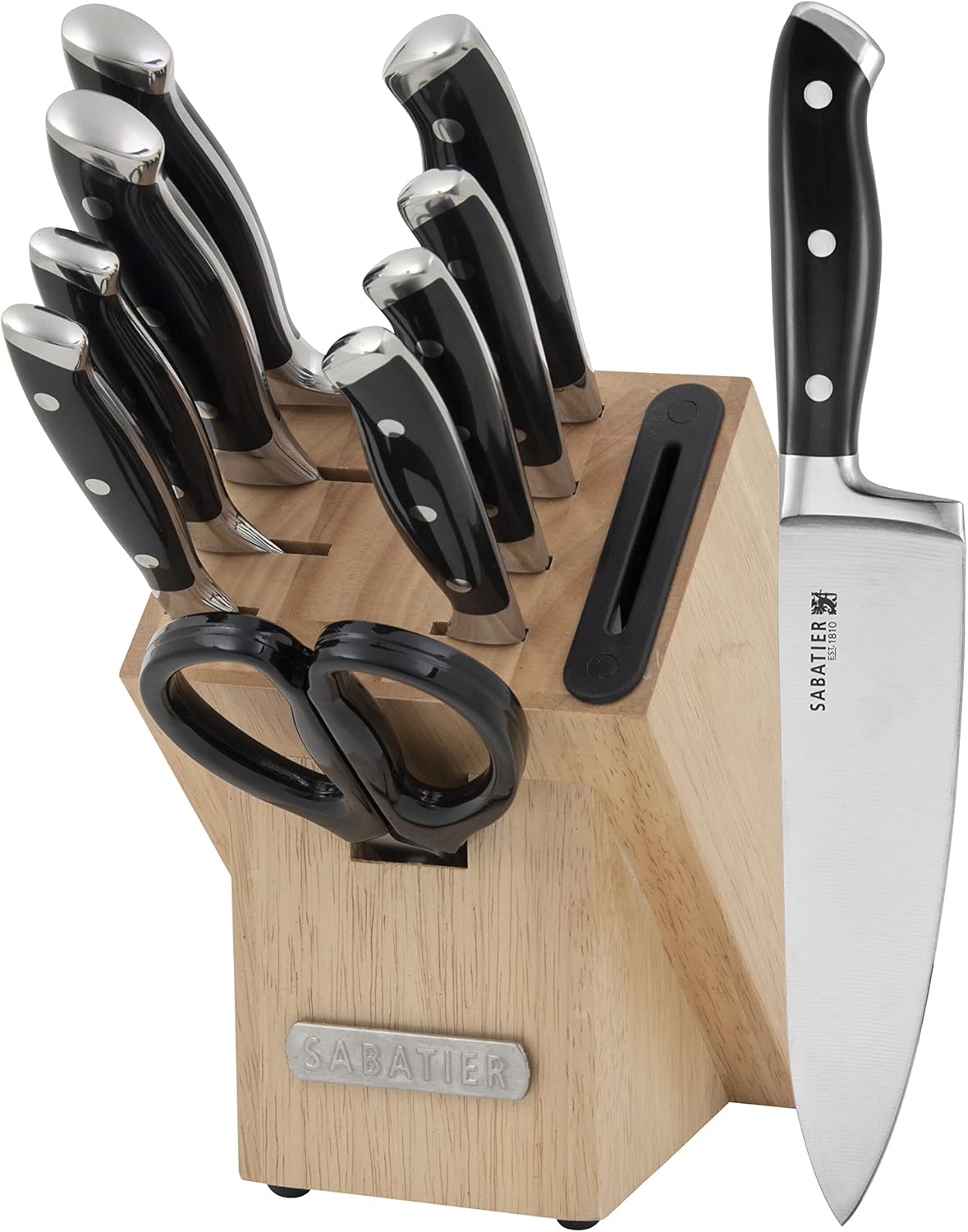 Sabatier 15-Piece Forged Triple Rivet Knife Block Set, High-Carbon Stainless Steel Kitchen Knives, Razor-Sharp Knife set with Acacia Wood Block, White Handles