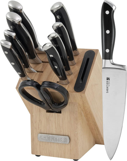 Sabatier 15-Piece Forged Triple Rivet Knife Block Set, High-Carbon Stainless Steel Kitchen Knives, Razor-Sharp Knife set with Acacia Wood Block, White Handles