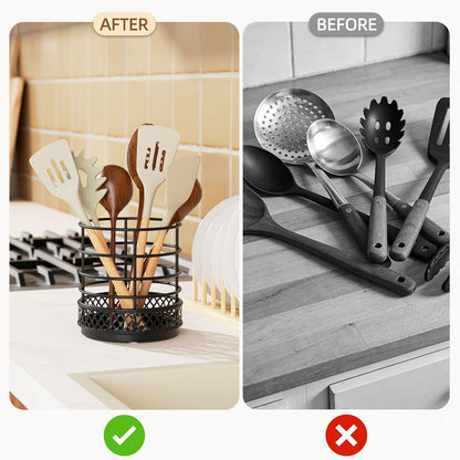 Kitchen Utensils Holder with 5 Compartments, Corner Utensil Caddy for Countertop, Black Large Wooden Utensil Organizer for Kitchen Countertop for Silverware Spoon Spatula