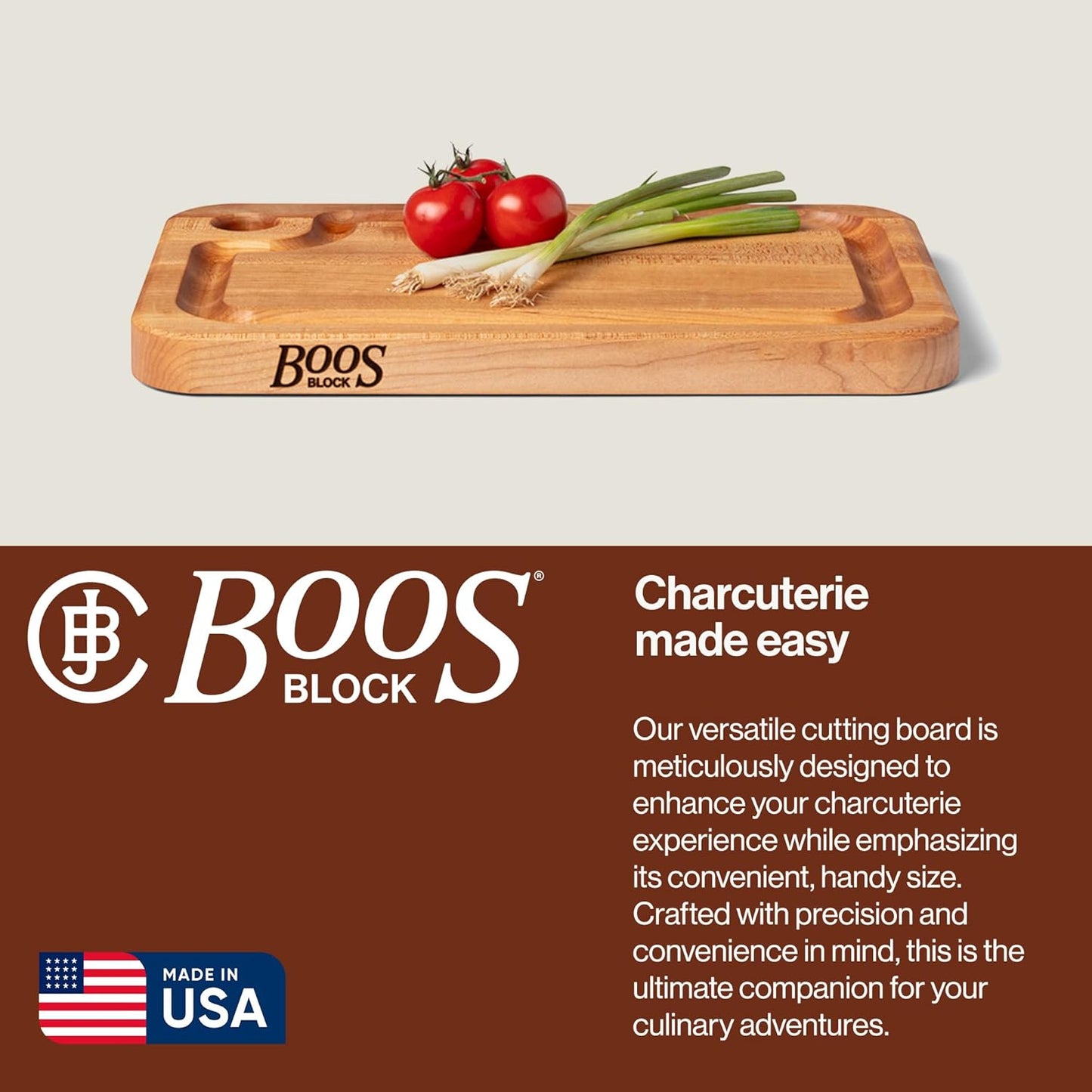 John Boos Prestige Series Rectangular Wooden Maple Cutting Board 18”x12” – 1.25” Thick, 8-lb Reversible Butcher Block with Juice Groove, Edge-Grain & Finger Grip Hole – Made in the USA