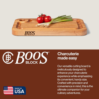John Boos Prestige Series Rectangular Wooden Maple Cutting Board 18”x12” – 1.25” Thick, 8-lb Reversible Butcher Block with Juice Groove, Edge-Grain & Finger Grip Hole – Made in the USA