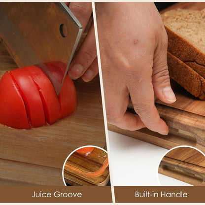 Set of 7 Large Acacia Wood Cutting Boards set,2-in-1Charcuterie Chopping Board & Butcher Block for Kitchen with Holder,Juice Groove,4 Color-Coded Plastic Cutting Boards for Meat,Vegetables and Cheese