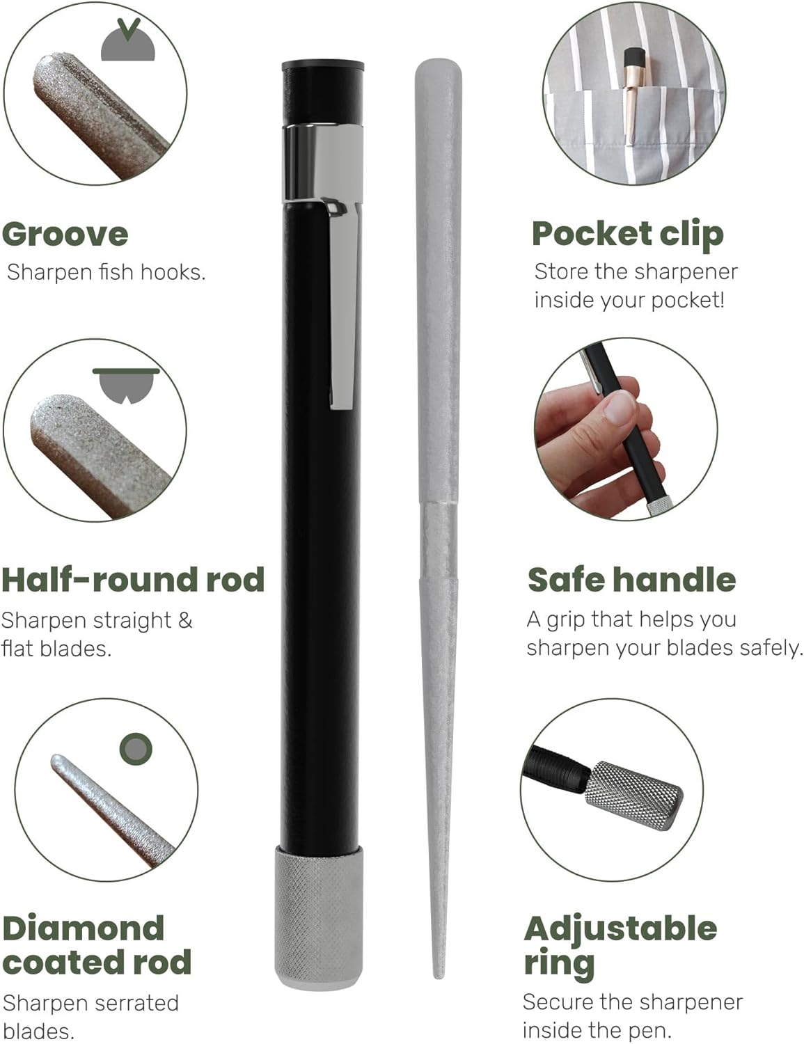 Wamery Serrated Knife Sharpener 2 Pack - Retractable Diamond Rod Pocket Sharpener for Serrated & Straight Blades - Multifunctional Sharpening Tool for Outdoor Kitchen Fishing Hunting (Silver & Black)