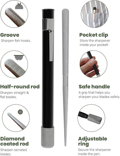 Wamery Serrated Knife Sharpener 2 Pack - Retractable Diamond Rod Pocket Sharpener for Serrated & Straight Blades - Multifunctional Sharpening Tool for Outdoor Kitchen Fishing Hunting (Silver & Black)