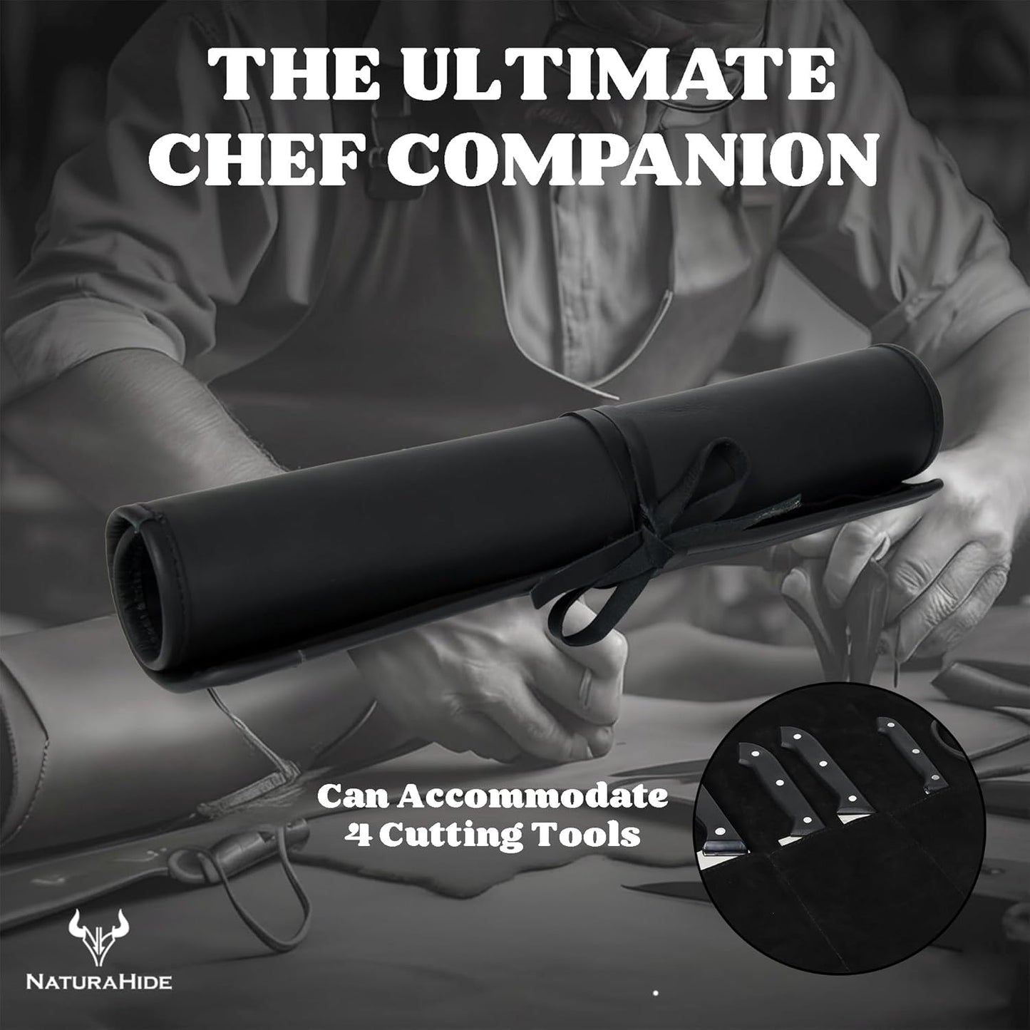 Leather Knife Roll Bag for Professional Chefs 4 Slot Full Grain and Suede Leather Knife Case Handmade Culinary Tool Roll Organizer for Travel, Kitchen and Outdoor Cooking (Black)