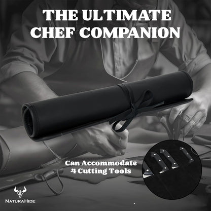 Leather Knife Roll Bag for Professional Chefs 4 Slot Full Grain and Suede Leather Knife Case Handmade Culinary Tool Roll Organizer for Travel, Kitchen and Outdoor Cooking (Black)