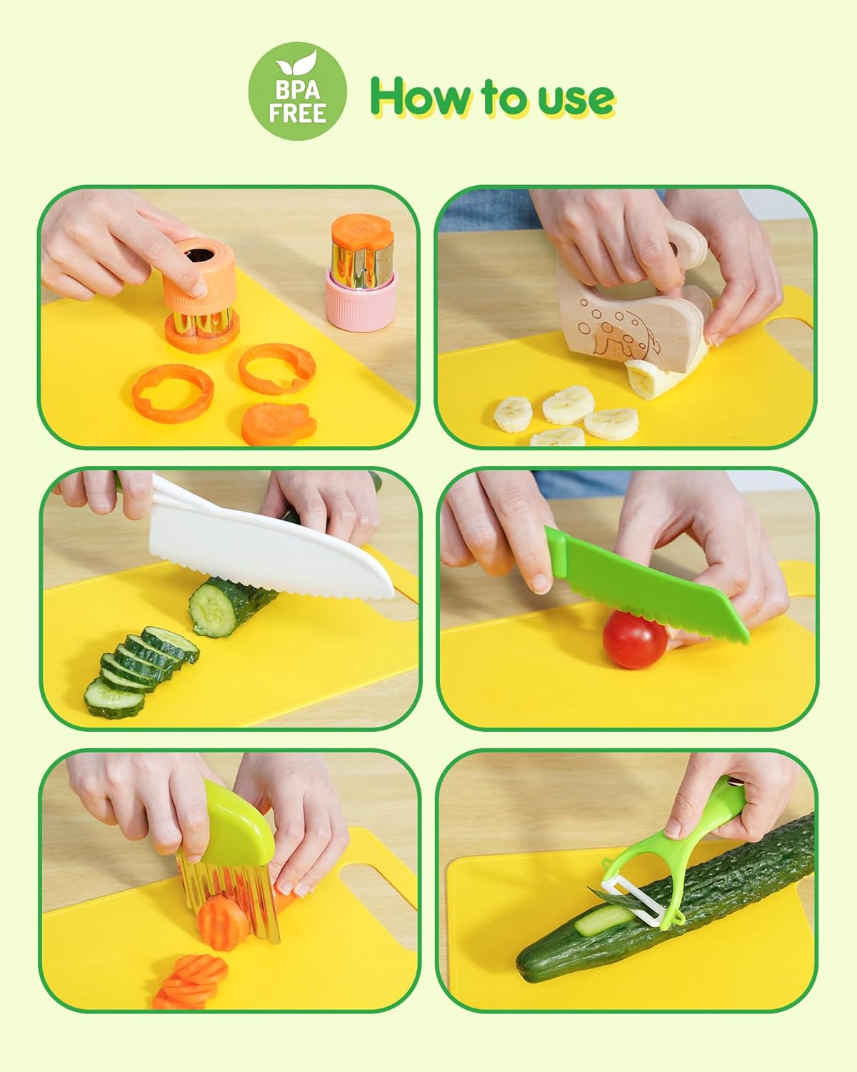 Kids Kitchen Knife Set, 15 Pcs BPA Free Montessori Kitchen Tools for Toddlers' Real Cooking, Include Knives, Crinkle and Sandwich Cutters, Peeler, Cutting Boards, Cleaning Tools for 3+ Birthday Gift