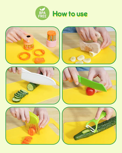 Kids Kitchen Knife Set, 15 Pcs BPA Free Montessori Kitchen Tools for Toddlers' Real Cooking, Include Knives, Crinkle and Sandwich Cutters, Peeler, Cutting Boards, Cleaning Tools for 3+ Birthday Gift