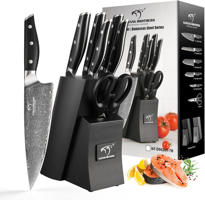 Damascus Knife Set with Block for Kitchen, 7-Piece VG10 Damascus Steel Kitchen Knife Set with Triple-Rivet Handles, Chef, Bread & Santoku Knives, Shears, Natural Wooden Block