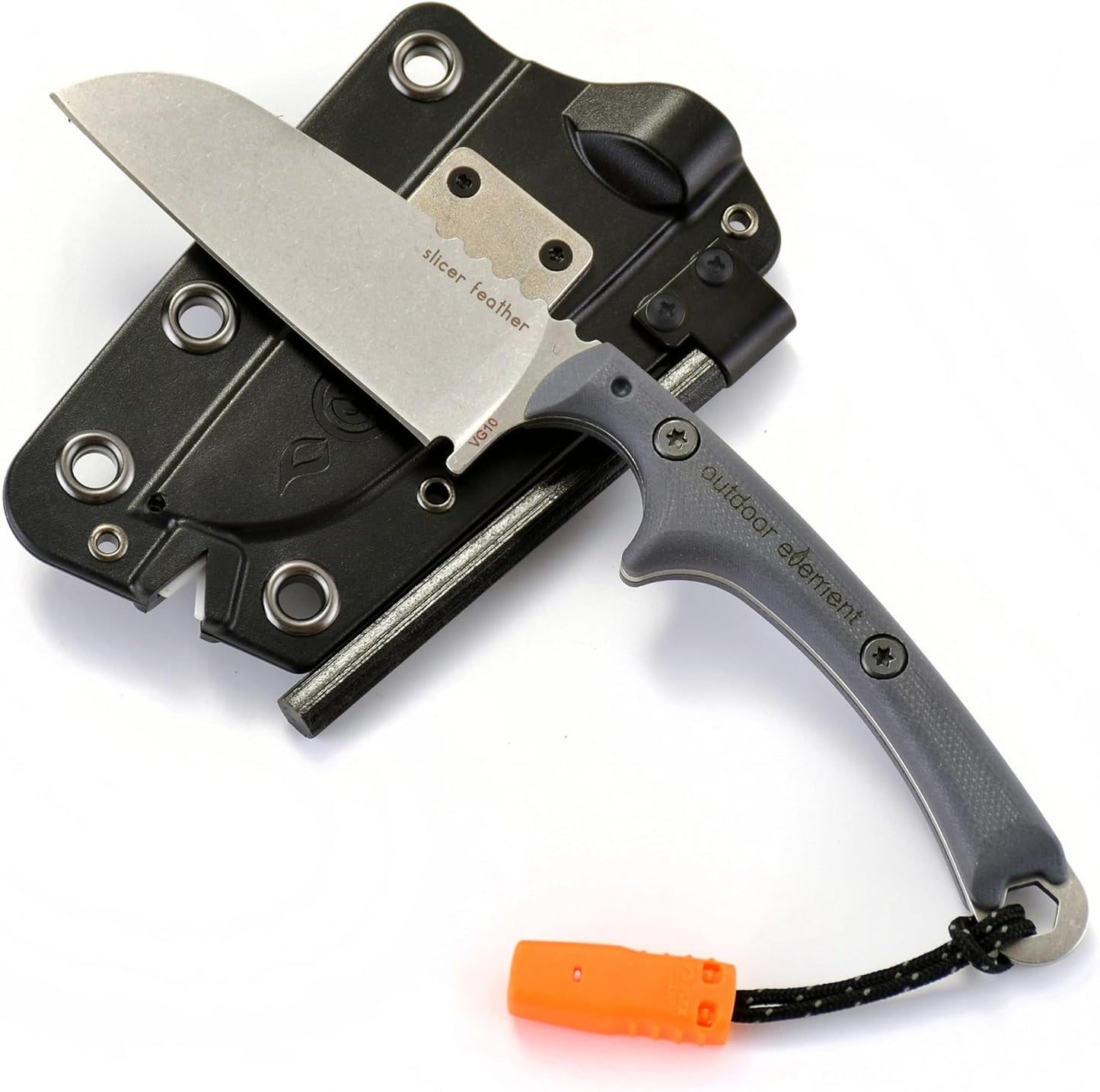 Scout Feather Glow - Fixed Blade Survival Knife with built-in Firestarter for Camping, Hunting, Outdoor Adventure and Culinary Need - VG10 Blade, Whistle, Knife Sharpener, Compact Sheath & G10 Handle