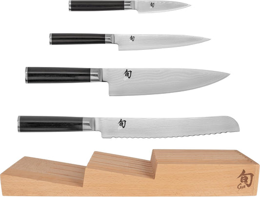 Shun Classic Blonde 5 Piece In-Drawer Set, 8" Chef's Knife, 3.5" Paring, 6" Utility & 9" Bread Knife, Handcrafted Japanese Set, Damascus Stainless Steel Cladding, Pakkawood Handle