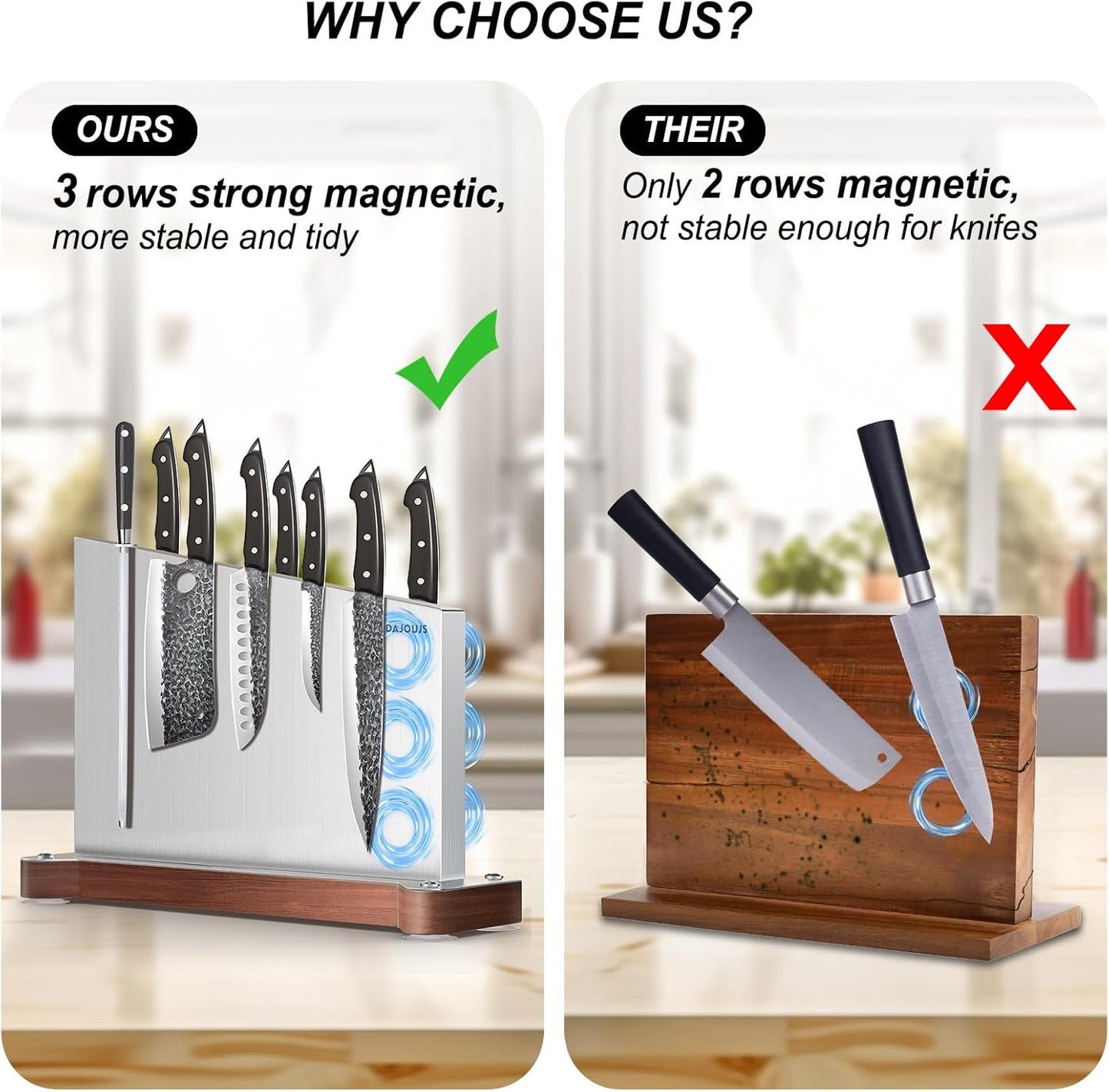 Magnetic Knife Holder, Stainless Steel Magnetic Knife Block without Knives, Strong Double Sided Magnet Knife Storage Strip with Wood Base for Kitchen Counter-Silver