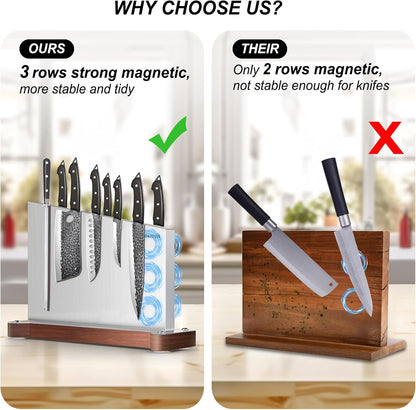 Magnetic Knife Holder, Stainless Steel Magnetic Knife Block without Knives, Strong Double Sided Magnet Knife Storage Strip with Wood Base for Kitchen Counter-Silver