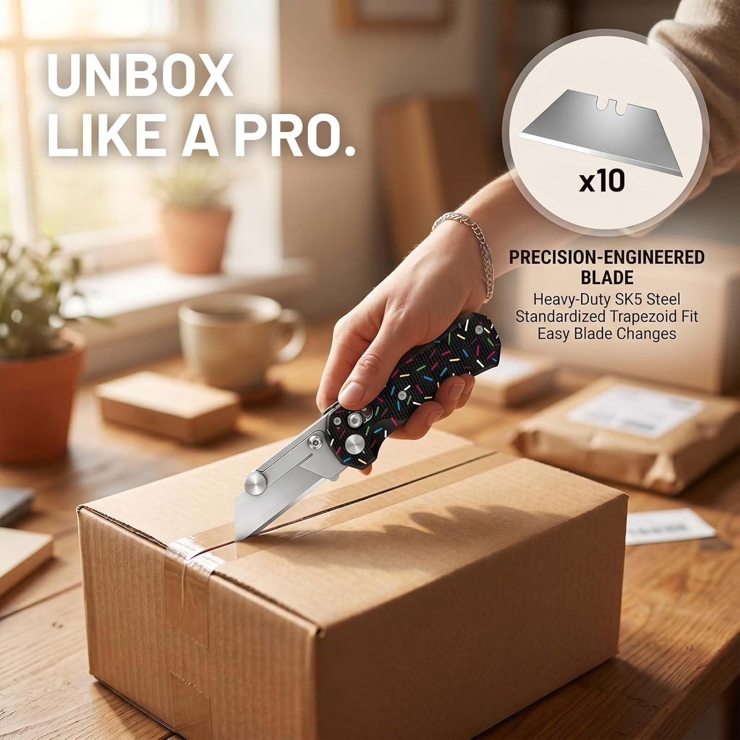 Folding Utility Knife, Pocket Knife, Box cutter Knife with Pocket & Rail Lock, Durable Razor Knife for Home Office Warehouse Everyday Carry, Gift for Men Women（Black）
