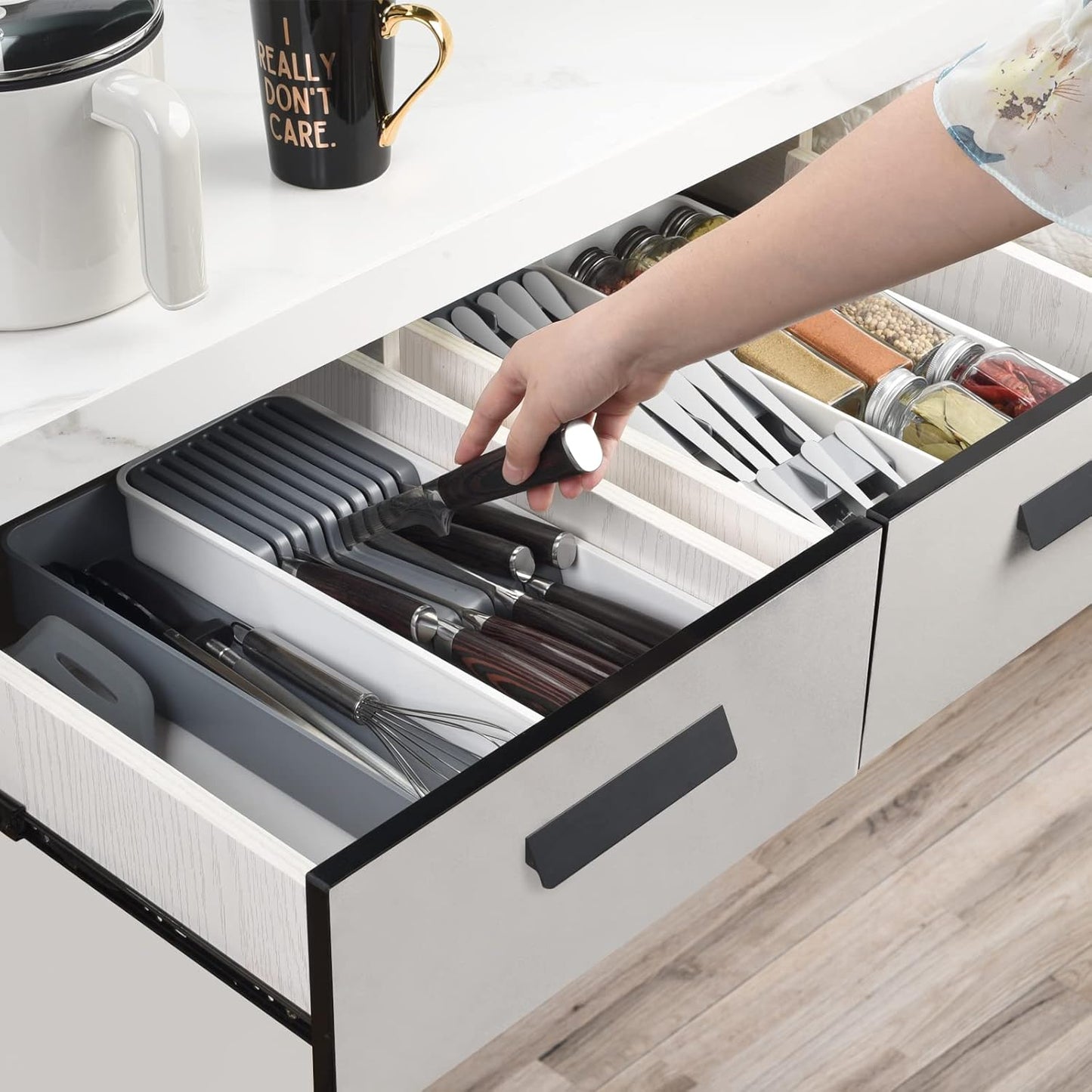 Expandable Drawer Organizers with Knife Block Knife Drawer Organizer stackable Cutlery Tray Knife Holder adjustable tray with Knife Block 9 Knives slot DIY drawer organizer(1 pack)