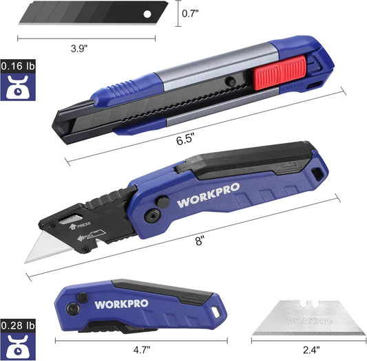 WORKPRO Utility Knife, 2-piece, Folding Box Cutter and Retractable Knife, Light Weight Aluminum Body with Quick- Change Stainless Blade Holder, Extra 20 SK5 Blades Included