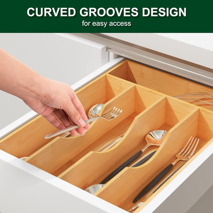 Bellsal Natural Utensil Organizer 12.5 Inch Silverware Organizer for Drawer Utensil Holder Cutlery Organizer Kitchen Drawer Organizer 7 Compartment Small Narrow Bamboo