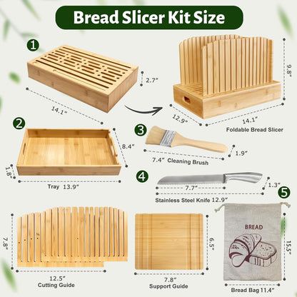 Bread Slicer for Homemade Bread, 5-Piece Bamboo Sourdough Bread Cutter Kit with Knife & Crumb Tray& Bread Bag, Manual Loaf Slicer Adjustable Bread Slicer Guide for Bagels, Sandwiches, Baking Tools