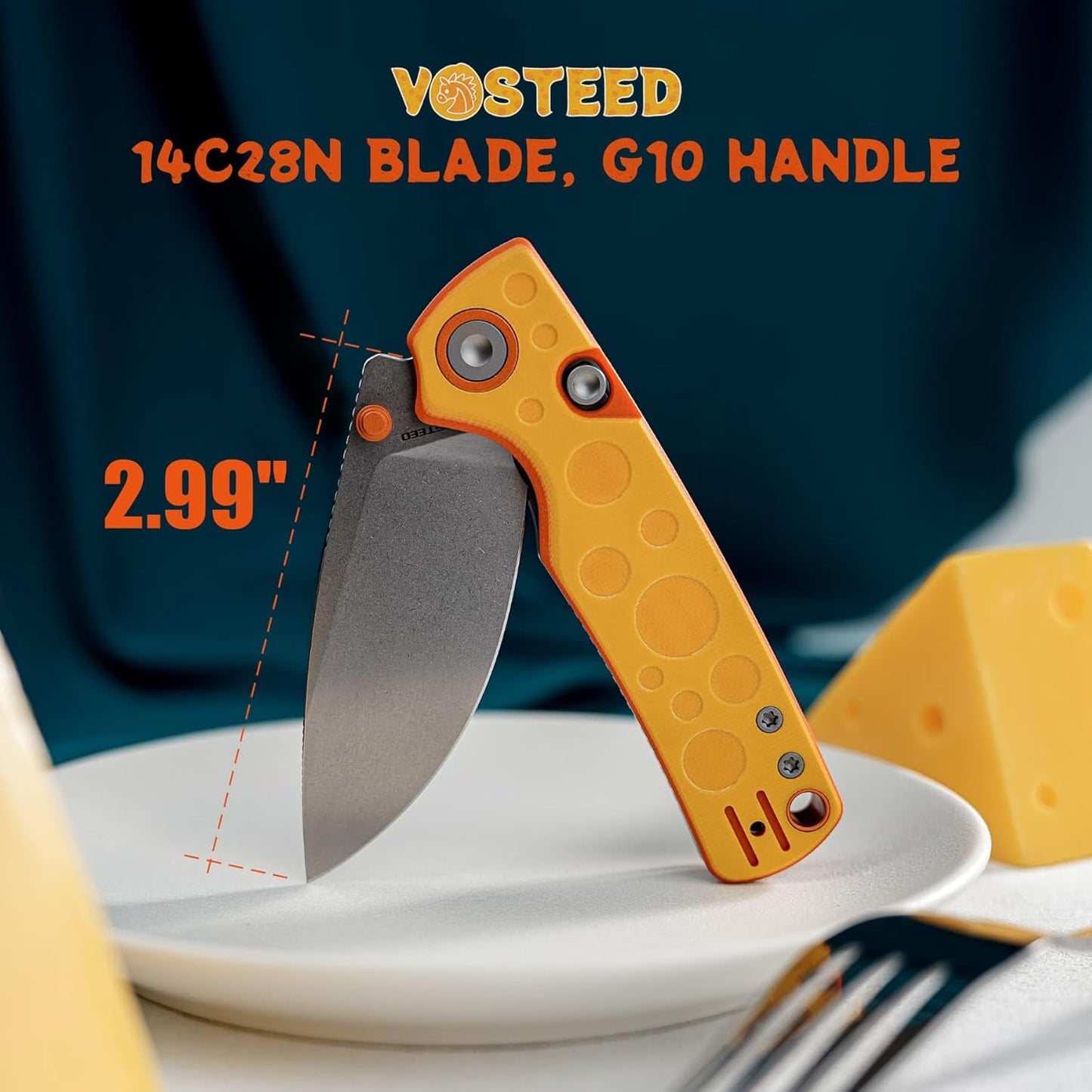 Vosteed CheesePirates® EDC Pocket Knife - Raccoon, 3.25" 14C28N Stonewash Blade - Top Liner Lock, Cheese Orb G10 Handle - A2932