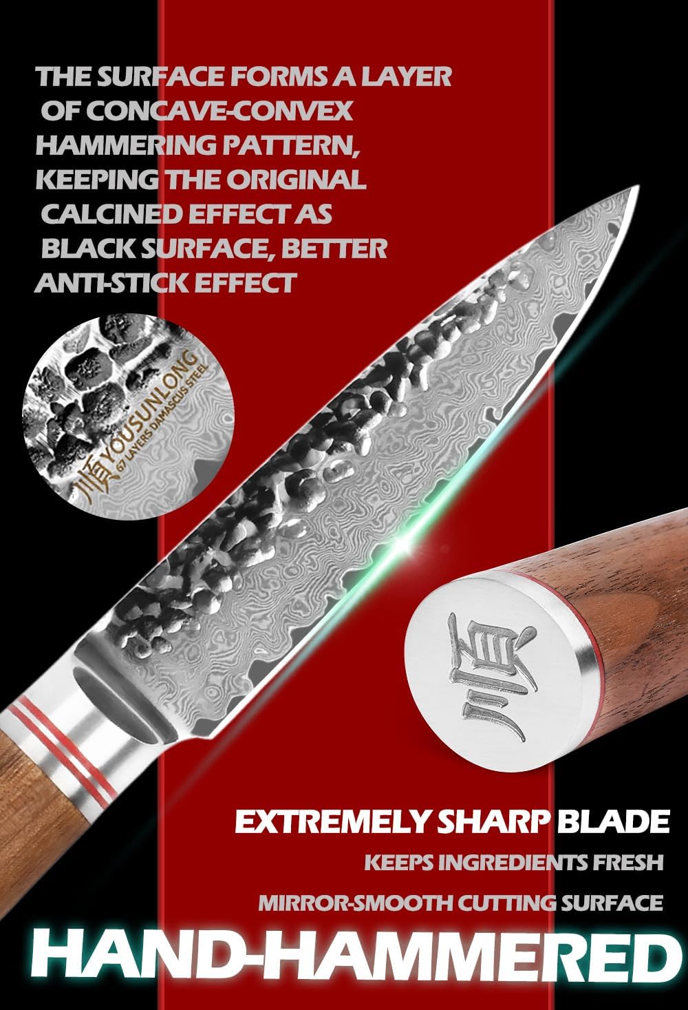 YOUSUNLONG Paring Knife 3.5 inch Peeling Knives Japanese 67 Layers Hammered Damascus Steel with Natural Leadwood Handle