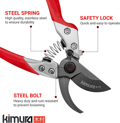 Kimura® 8" Pro Pruning Scissors, Premium Japanese SK5 Hi-Carbon Steel Blades, Non-Slip Vinyl Coated Handles, Lightweight & Ergonomic, Multi-Tasking Pruning Shears, Garden Snips, Precision Clippers