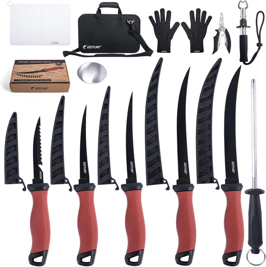 Goture Fillet Knife Fishing Kit,Bait Knife and Filet Knives with Sheath,Sharpening Rod,Fish Lip Gripper,Fishing Pliers,Cutting Board,Gloves,Stainless Steel Soap,Portable Storage Bag,Gifts for Men