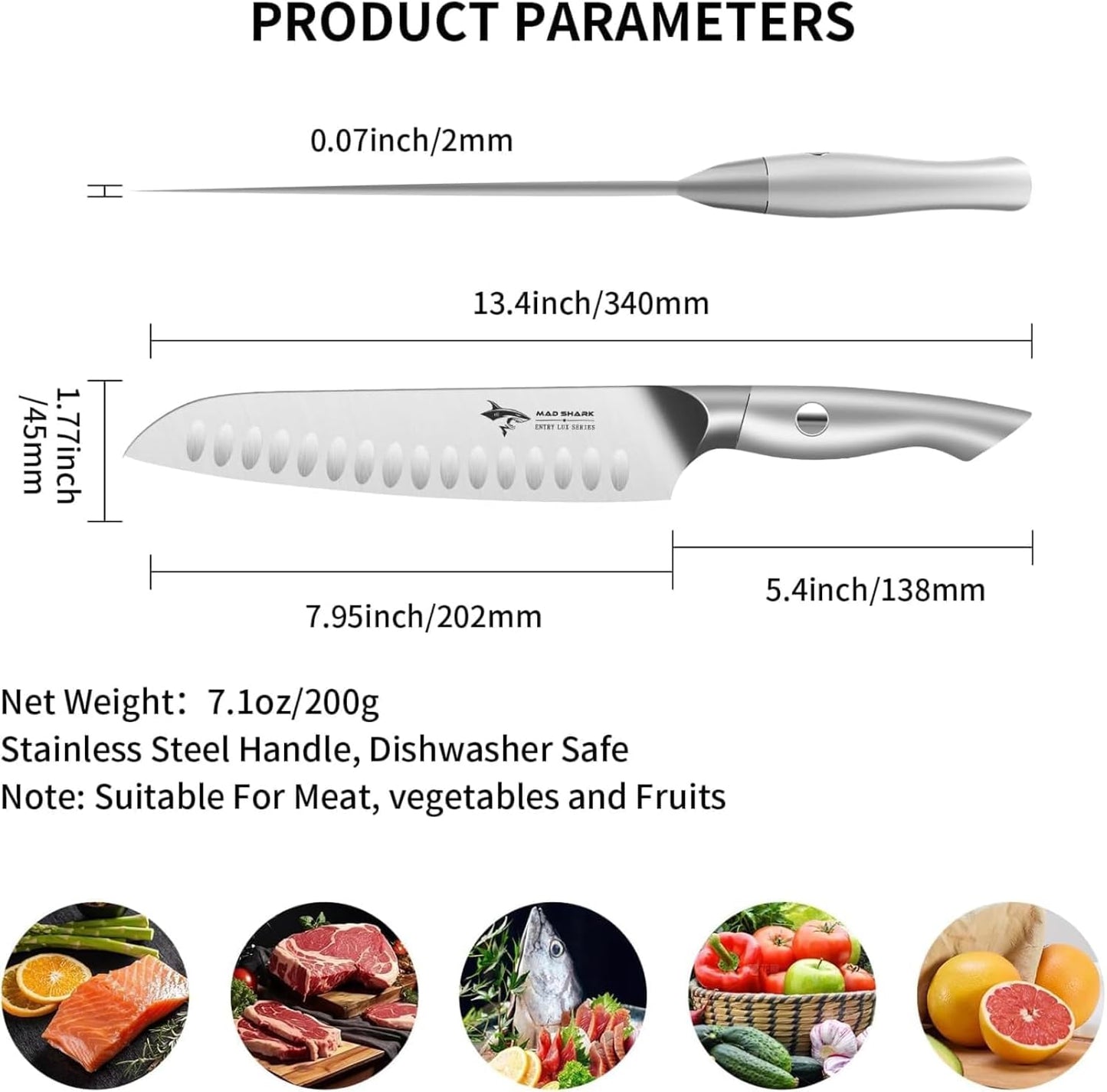MAD SHARK 8 Inch Santoku Knife - Ultra Sharp Japanese Kitchen Knife with High Carbon German Steel, Ergonomic Handle, Ideal for Slicing, Dicing, Cutting - Unique Gift for Chefs, Men & Women (Black)
