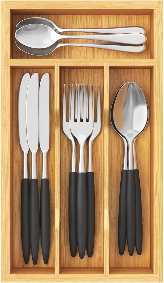 Lifewit Silverware Drawer Organizer, Expandable Utensil Tray for Kitchen, Flatware and Cutlery Holder, Wood Adjustable Storage for Spoons Forks Knives, 13-22x15/ 33-56x38cm, Natural