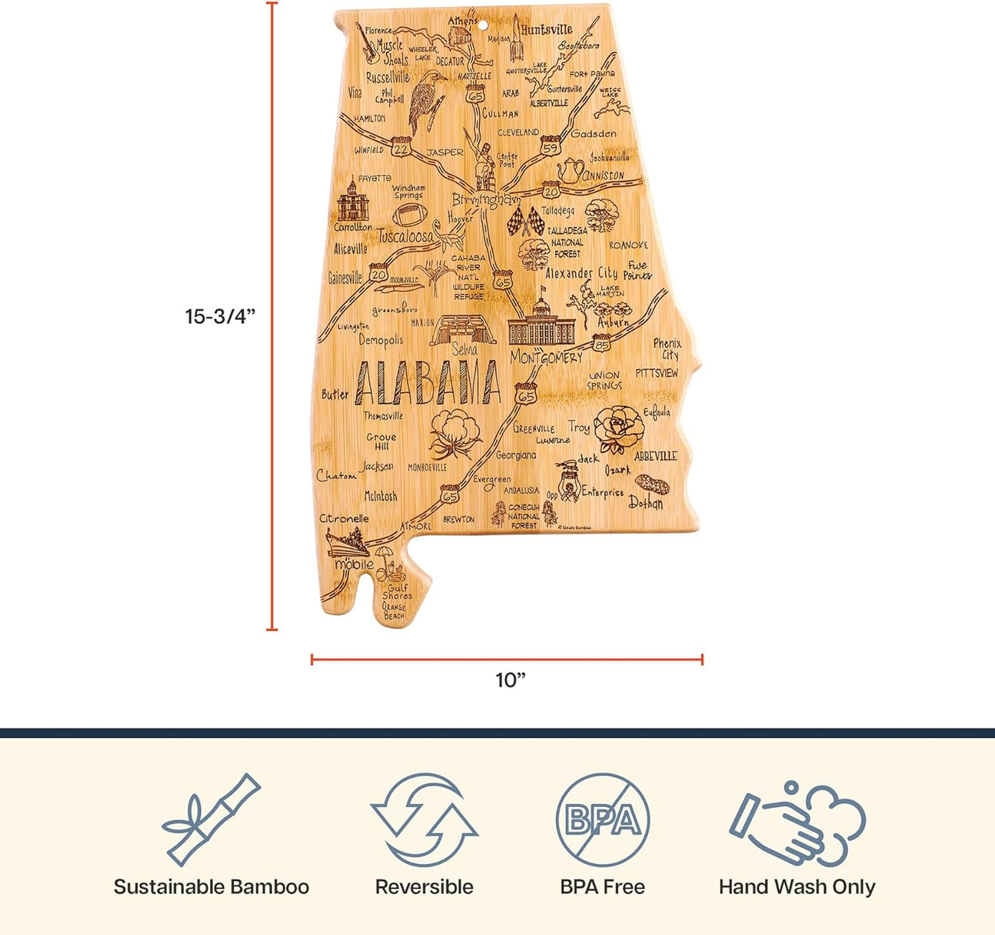Totally Bamboo Destination Alabama Shaped Cutting Board – Bamboo Charcuterie and Serving Board with Hang Tie for Wall Display