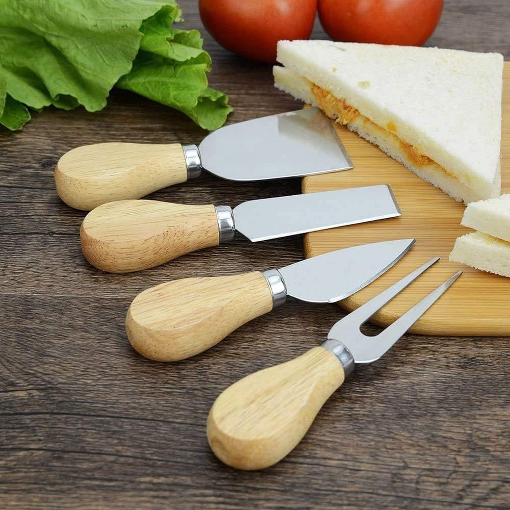 Mini Cheese Knife Set with wood Handle - Stainless Steel Charcuterie Knife Set with 4 Fruit Forks & 4 Small Spoons - Compact Cheese Cutter Set for Charcuterie Boards