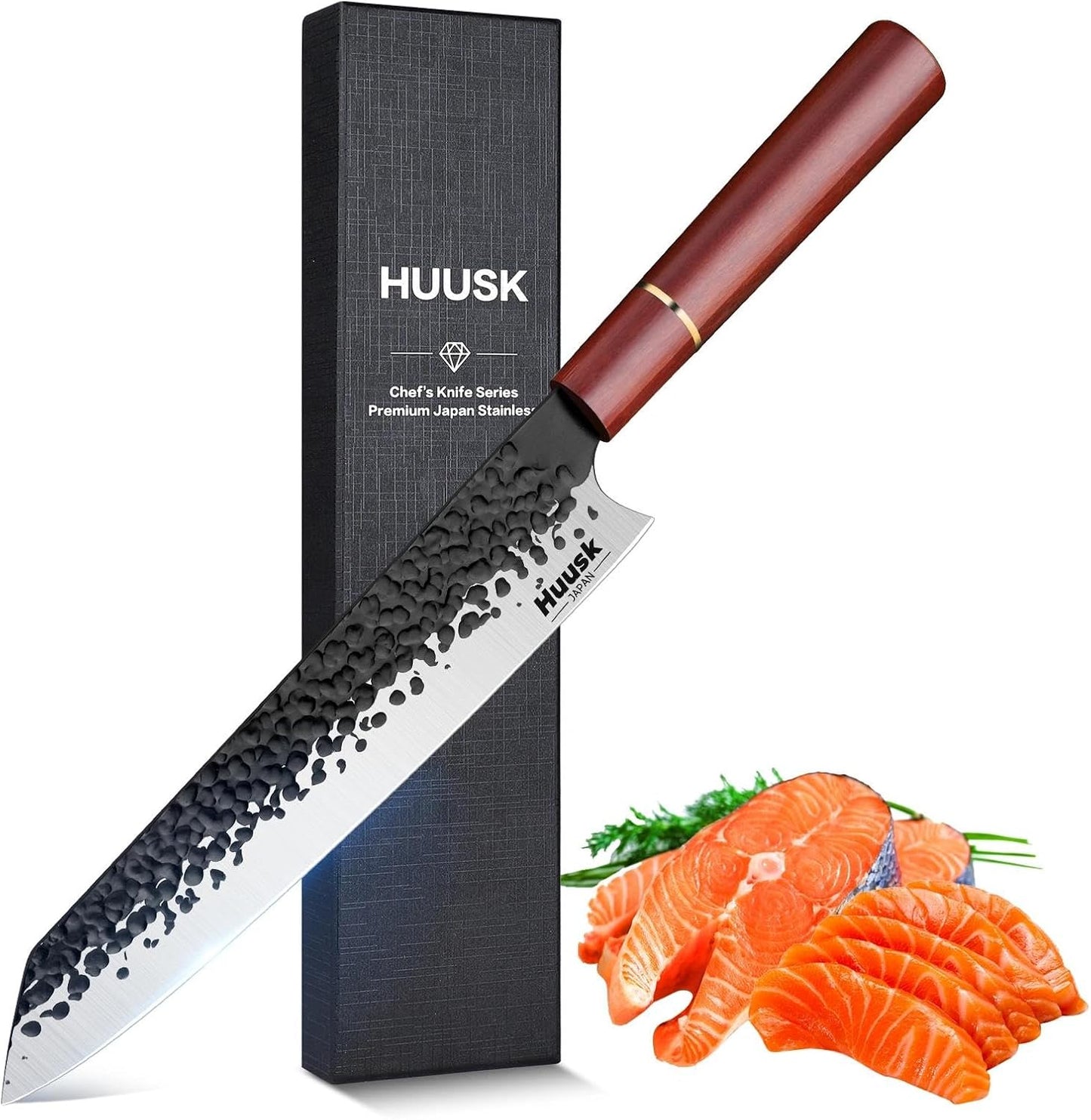 Huusk Chef Knife, Professional 9" High Carbon Steel Japanese Kitchen Knives, Hand Forged Cooking Knife for Meat Sushi, Gift for Men and Women