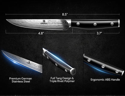 Piklohas Steak Knives Set of 8 with Drawer Organizer Built-in Sharpener, 4.6 Inch Non Serrated Dinner Knife, Forged German Steel Damascus Pattern Straight Edge Meat Knife with Full Tang Handle, Black