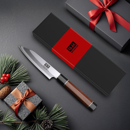 SHAN ZU 3PCS Japanese Knife Set, 9 Layers 10Cr15MoV High Carbon Steel Professional Kitchen Knives, Sharp Chef Knife Set with Ergonomic Red Sandalwood Handle, Sashimi Cooking & Cutting Knives Set
