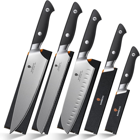 16 PCS Knife Set with Block, Japanese Kitchen Knife Set with 5 Layers High Carbon 9Cr18Mov Stainless Steel, Ultra-Sharp Professional Chef Cooking Knives with Ergonomic Handle, Dishwasher Safe
