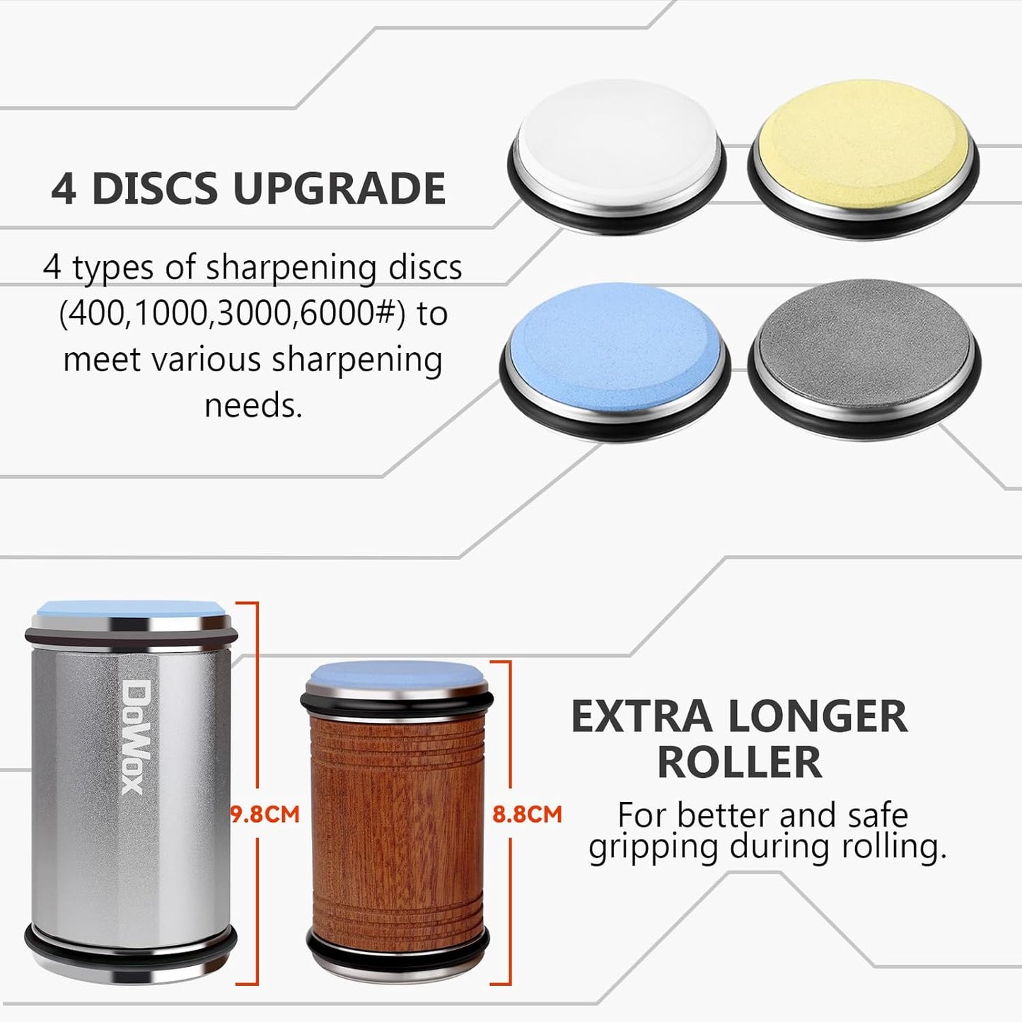 Knife Sharpener,Longer Rolling Knife Sharpener Kit,Diamond & Ceramic Knife Sharpening System with Leather Strop,4 Angle Guide, Replaceable Discs for All Kitchen Knives