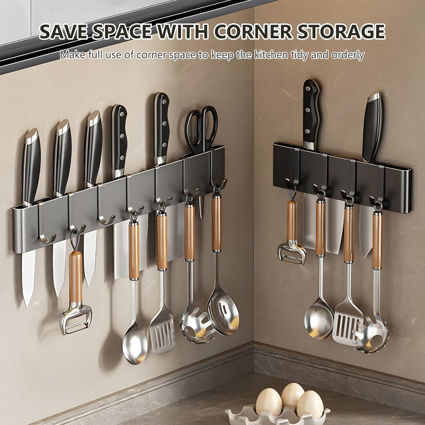 Knife Holder for Wall Mount-Knife Strips with Hooks Stainless Steel Wall Knife Rack-Knife Block-Knife Rack-Utensil Hanger-Kitchen Utensil Holder (Black, 50 CM+9 Hooks)