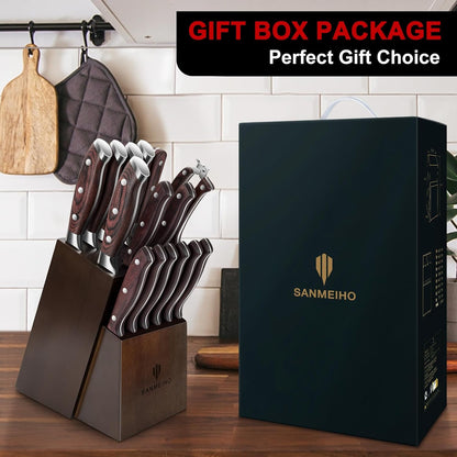 Knife Set 16 pcs, Japanese Kitchen Knife with Block High Carbon Stainless Steel Ultra Sharp Knife for Kitchen, Professional Chef Knife Set with Sharpener