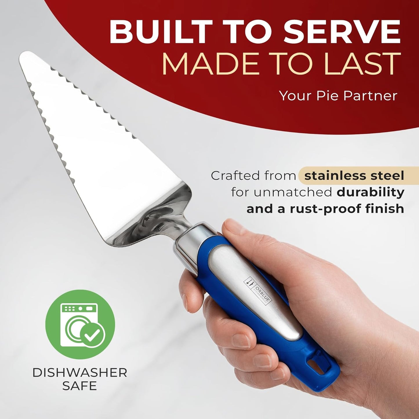 Orblue Pie Server, Essential Kitchen Tool, Serrated on Both Sides, Great for Right or Left Handed Chef, Stainless Steel Flatware , Cake Cutter,White