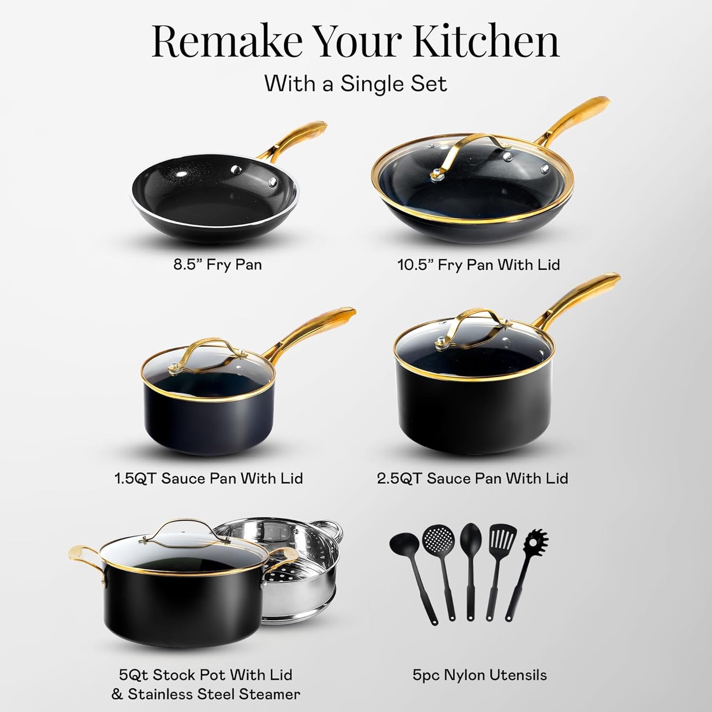 Gotham Steel 20pcs Pots and Pans Set Non Stick Ceramic Cookware Set with Deep Frying Pan Set & 6pc Knife Set, Improved Ti-Cerama Coating Made without PFOA PFOS Lasts 2x Longer, Oven & Dishwasher Safe
