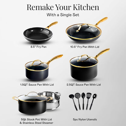 Gotham Steel 20pcs Pots and Pans Set Non Stick Ceramic Cookware Set with Deep Frying Pan Set & 6pc Knife Set, Improved Ti-Cerama Coating Made without PFOA PFOS Lasts 2x Longer, Oven & Dishwasher Safe